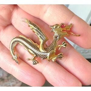 Vintage Spain Dragon Damascene Enamel Gold Tone Brooch Pin